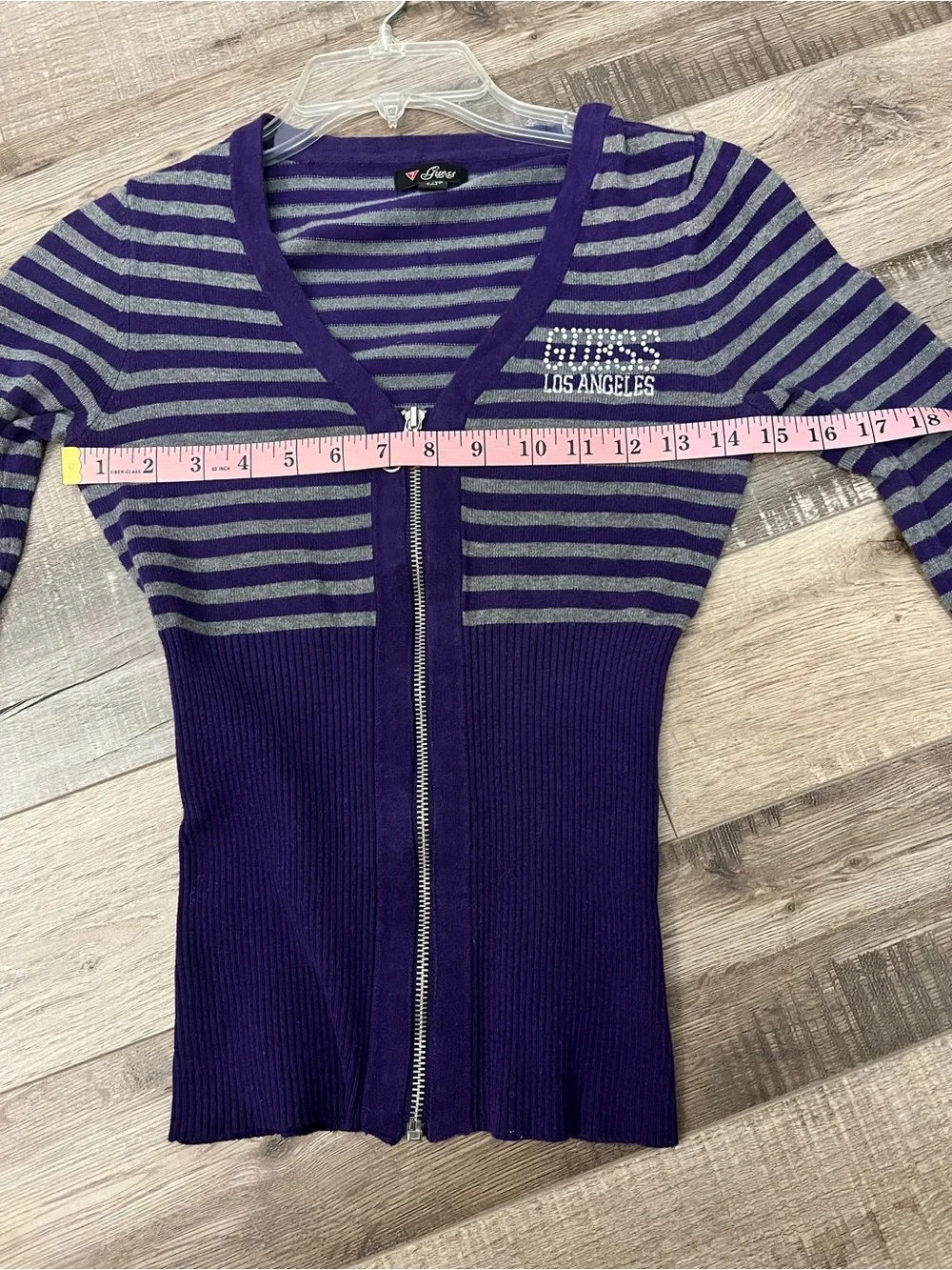 Y2K Guess Purple & Gray Striped V-Neck Zip Sweater